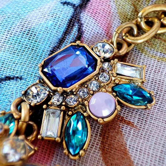 LOFT Domed Multi Shape Stones Rhinestone Statement Necklace Antiqued Brass EUC - Picture 9 of 10